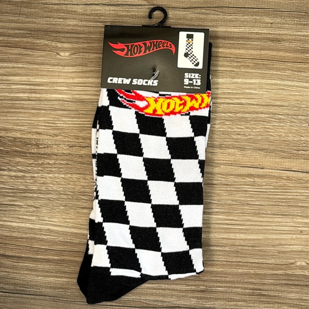 Black White Checkered Crew Socks Racing Style Hot Wheels Mattel 9-13 New